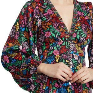 Farm Rio Size XS Tropical Garden Midi Long Sleeve Button Down Dress